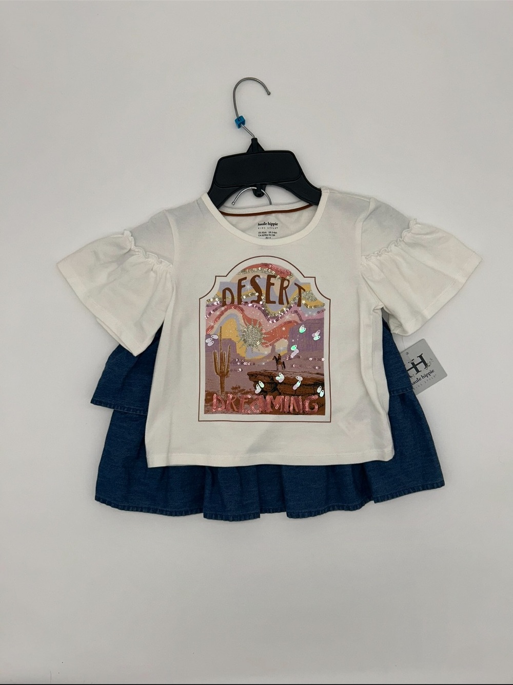 Haute Hippie Girls 4T Desert Dreaming White Graphic Tee with Ruffle Sleeves